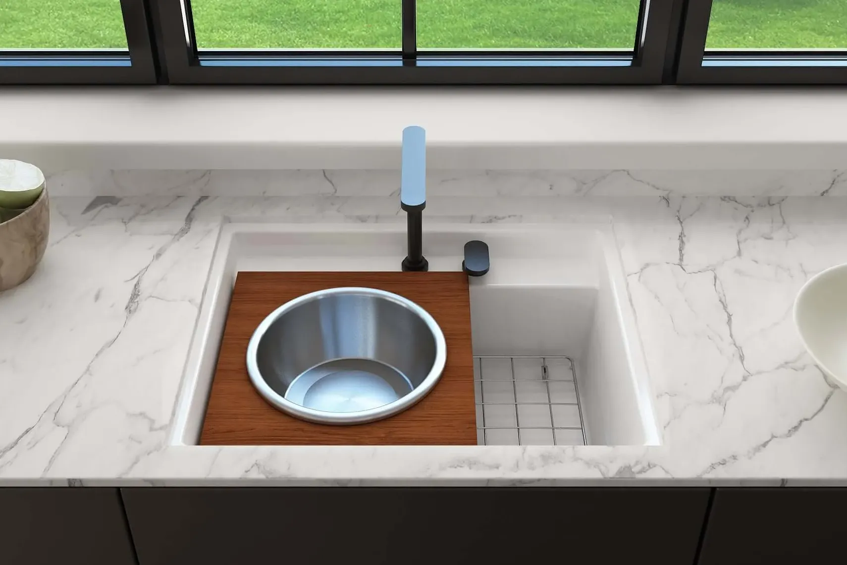 BOCCHI Baveno Uno 27" Dual Mount Fireclay Workstation Kitchen Sink Kit with Accessories, Biscuit, 1633-014-0127