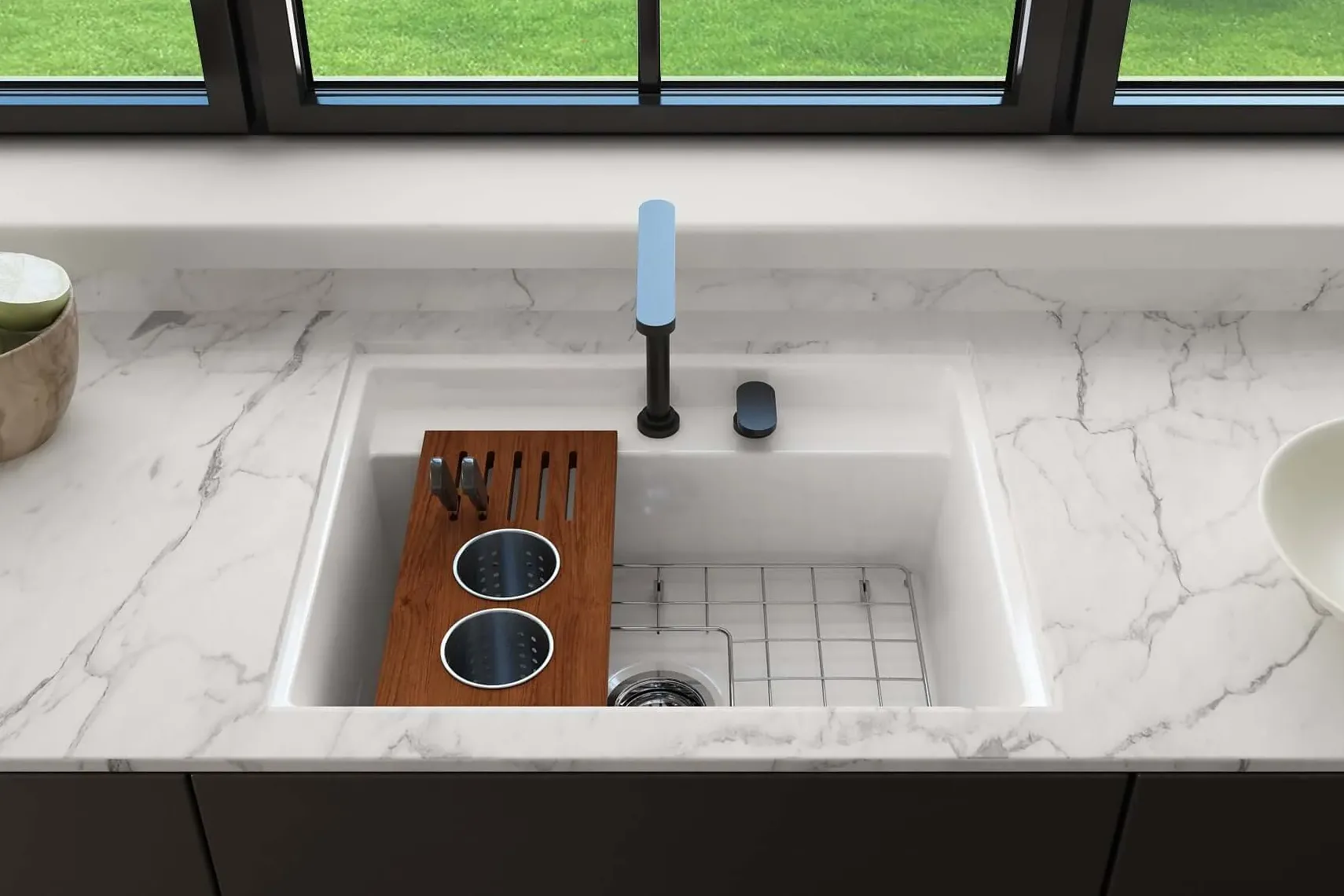 BOCCHI Baveno Uno 27" Dual Mount Fireclay Workstation Kitchen Sink Kit with Accessories, Biscuit, 1633-014-0127