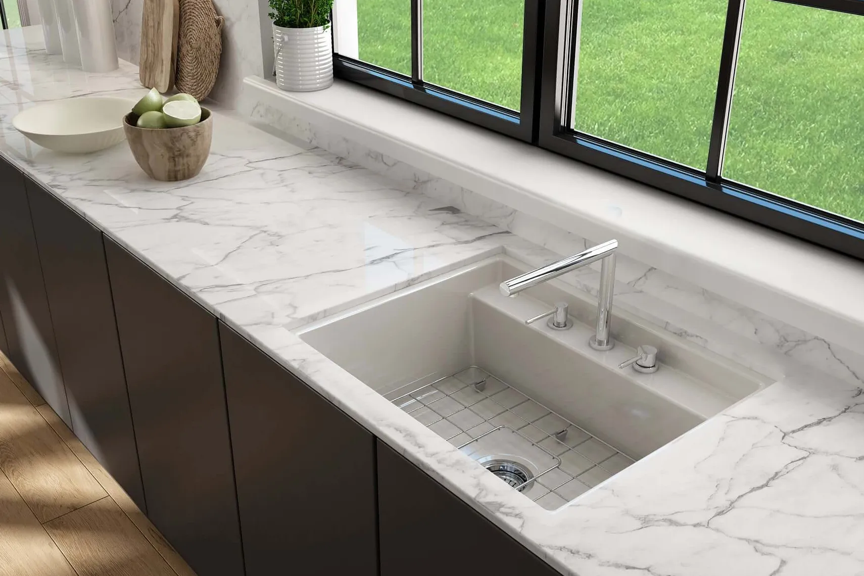 BOCCHI Baveno Uno 27" Dual Mount Fireclay Workstation Kitchen Sink Kit with Accessories, Biscuit, 1633-014-0127