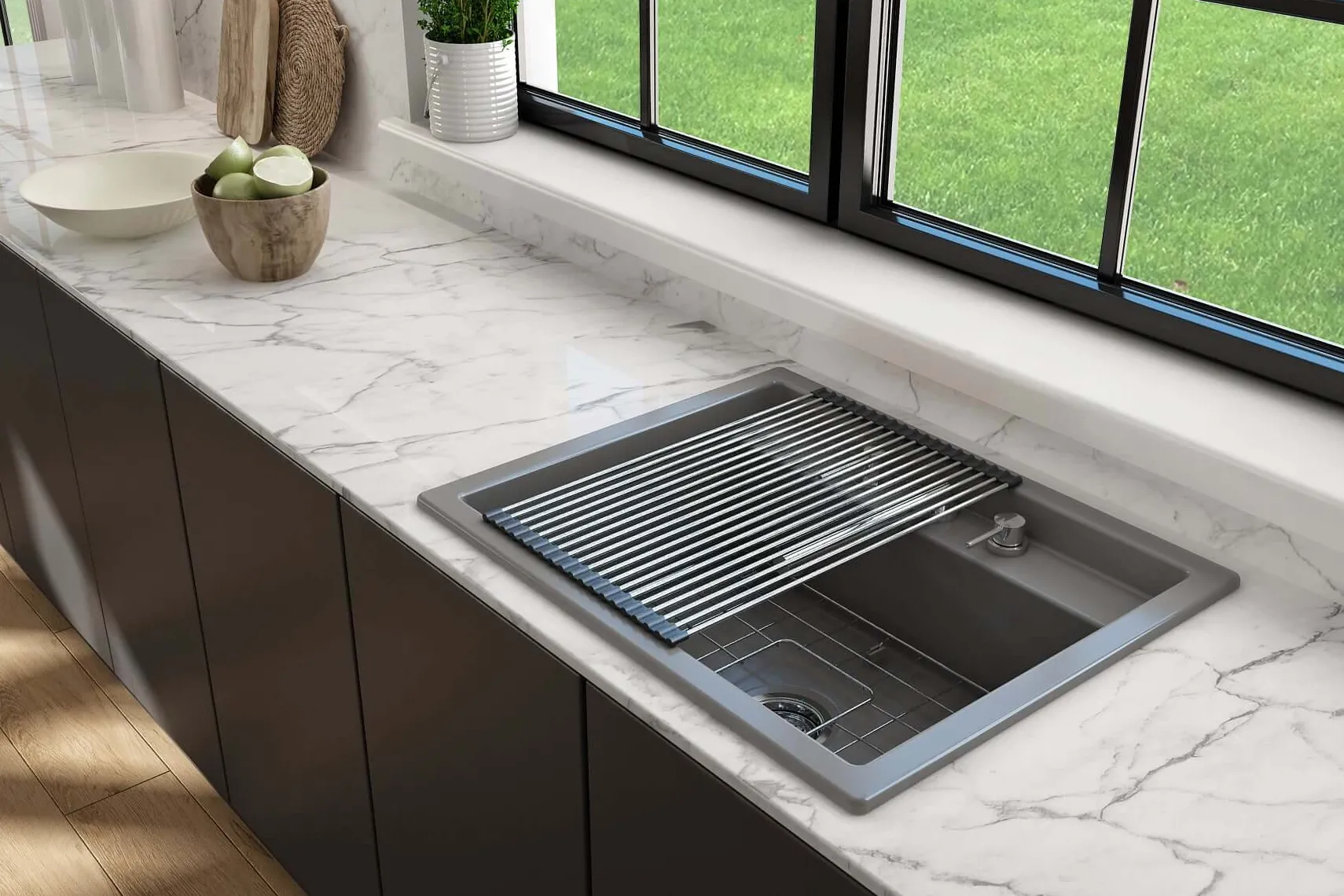 BOCCHI Baveno Uno 27" Dual Mount Fireclay Workstation Kitchen Sink Kit with Accessories, Matte Gray, 1633-006-0127