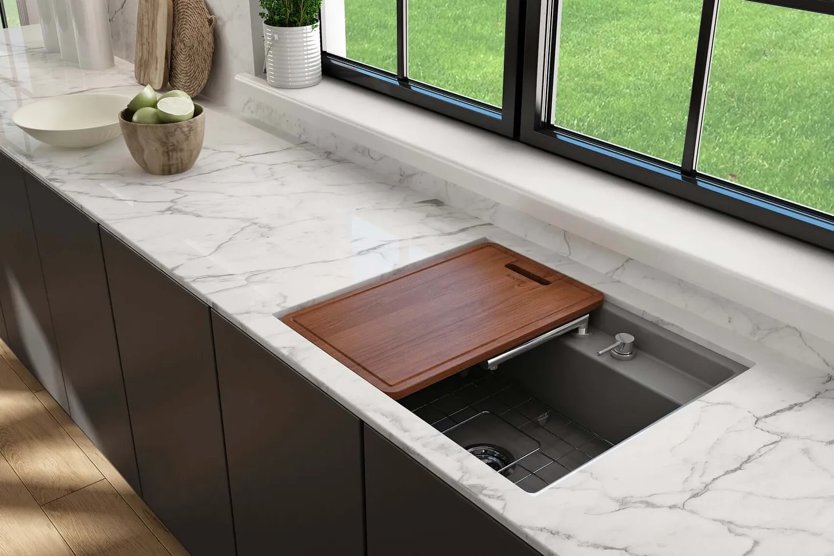 BOCCHI Baveno Uno 27" Dual Mount Fireclay Workstation Kitchen Sink Kit with Accessories, Matte Gray, 1633-006-0127