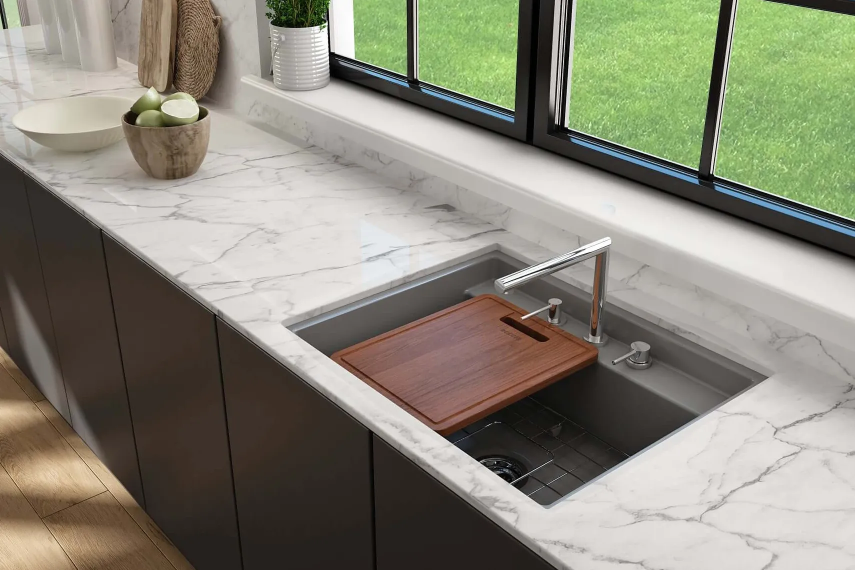 BOCCHI Baveno Uno 27" Dual Mount Fireclay Workstation Kitchen Sink Kit with Accessories, Matte Gray, 1633-006-0127