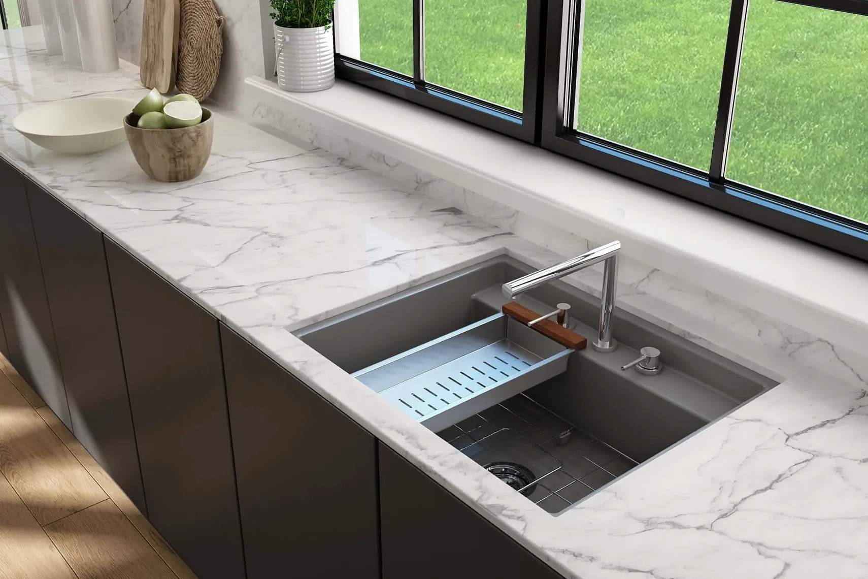 BOCCHI Baveno Uno 27" Dual Mount Fireclay Workstation Kitchen Sink Kit with Accessories, Matte Gray, 1633-006-0127