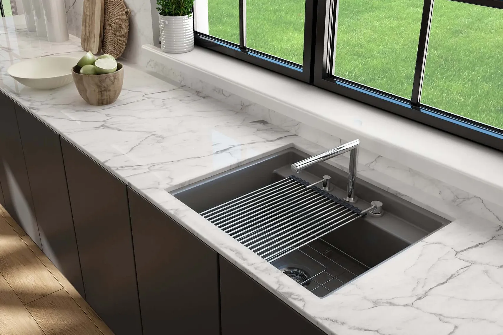 BOCCHI Baveno Uno 27" Dual Mount Fireclay Workstation Kitchen Sink Kit with Accessories, Matte Gray, 1633-006-0127