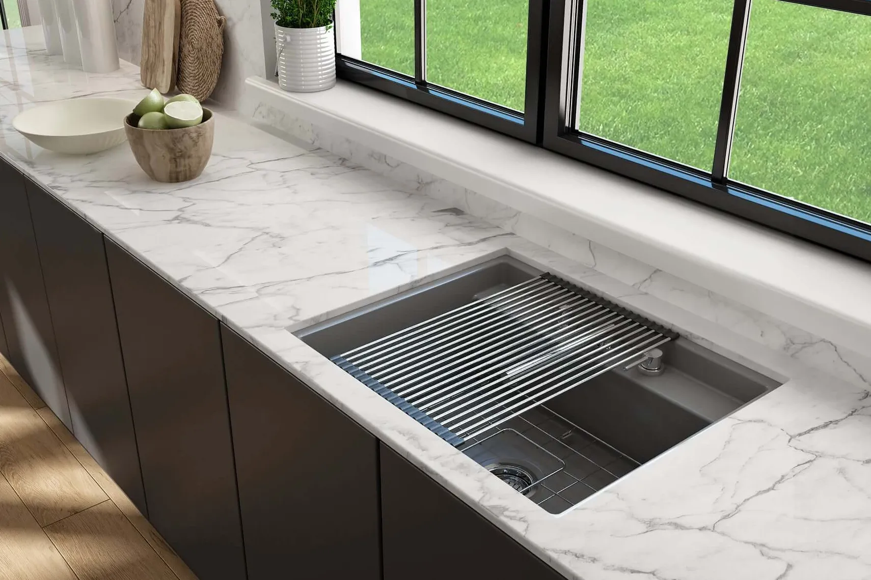 BOCCHI Baveno Uno 27" Dual Mount Fireclay Workstation Kitchen Sink Kit with Accessories, Matte Gray, 1633-006-0127
