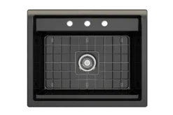 BOCCHI Baveno Uno 27" Dual Mount Fireclay Workstation Kitchen Sink Kit with Accessories, Black, 1633-005-0127