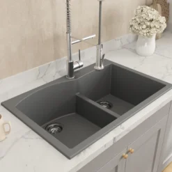BOCCHI Campino Duo 33" Dual Mount Composite Granite Kitchen Sink, 60/40 Double Bowl, Concrete Gray, 1602-506-0126