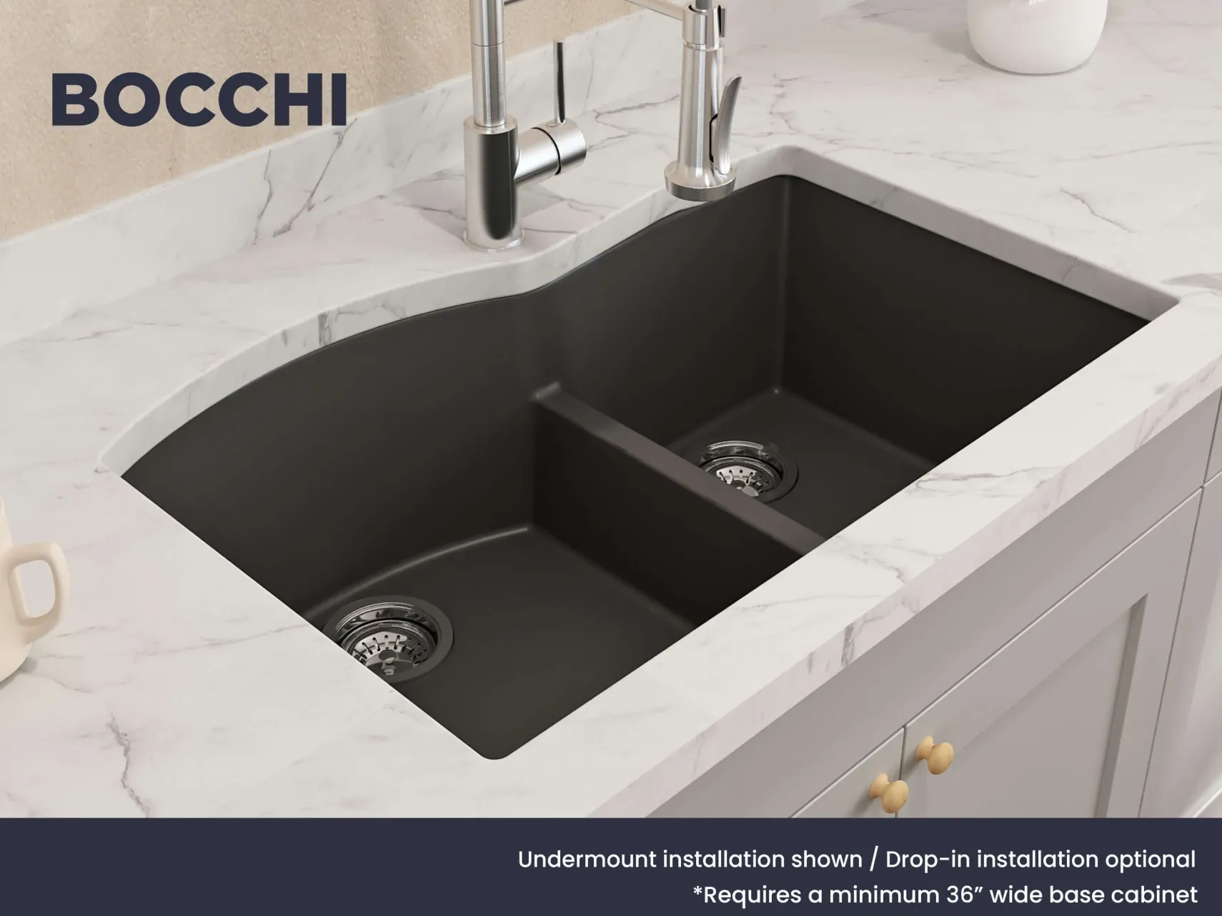 BOCCHI Campino Duo 33" Dual Mount Composite Granite Kitchen Sink, 60/40 Double Bowl, Matte Black, 1602-504-0126