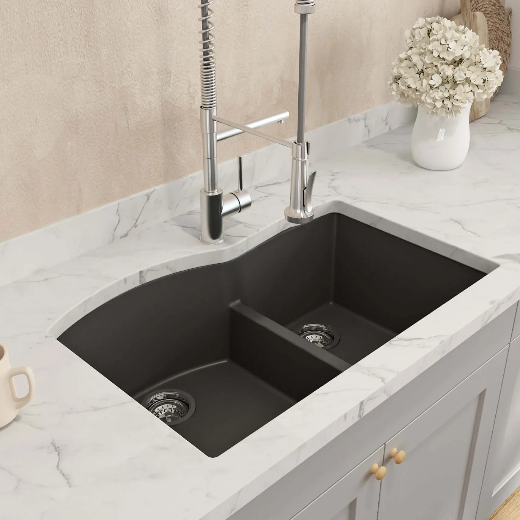 BOCCHI Campino Duo 33" Dual Mount Composite Granite Kitchen Sink, 60/40 Double Bowl, Matte Black, 1602-504-0126