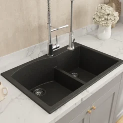 BOCCHI Campino Duo 33" Dual Mount Composite Granite Kitchen Sink, 60/40 Double Bowl, Metallic Black, 1602-505-0126