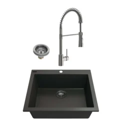 BOCCHI Campino Uno 24" Dual Mount Granite Kitchen Sink Kit with Faucet and Accessories, Matte Black (sink) / Stainless Steel (faucet), 1606-504-2020SS