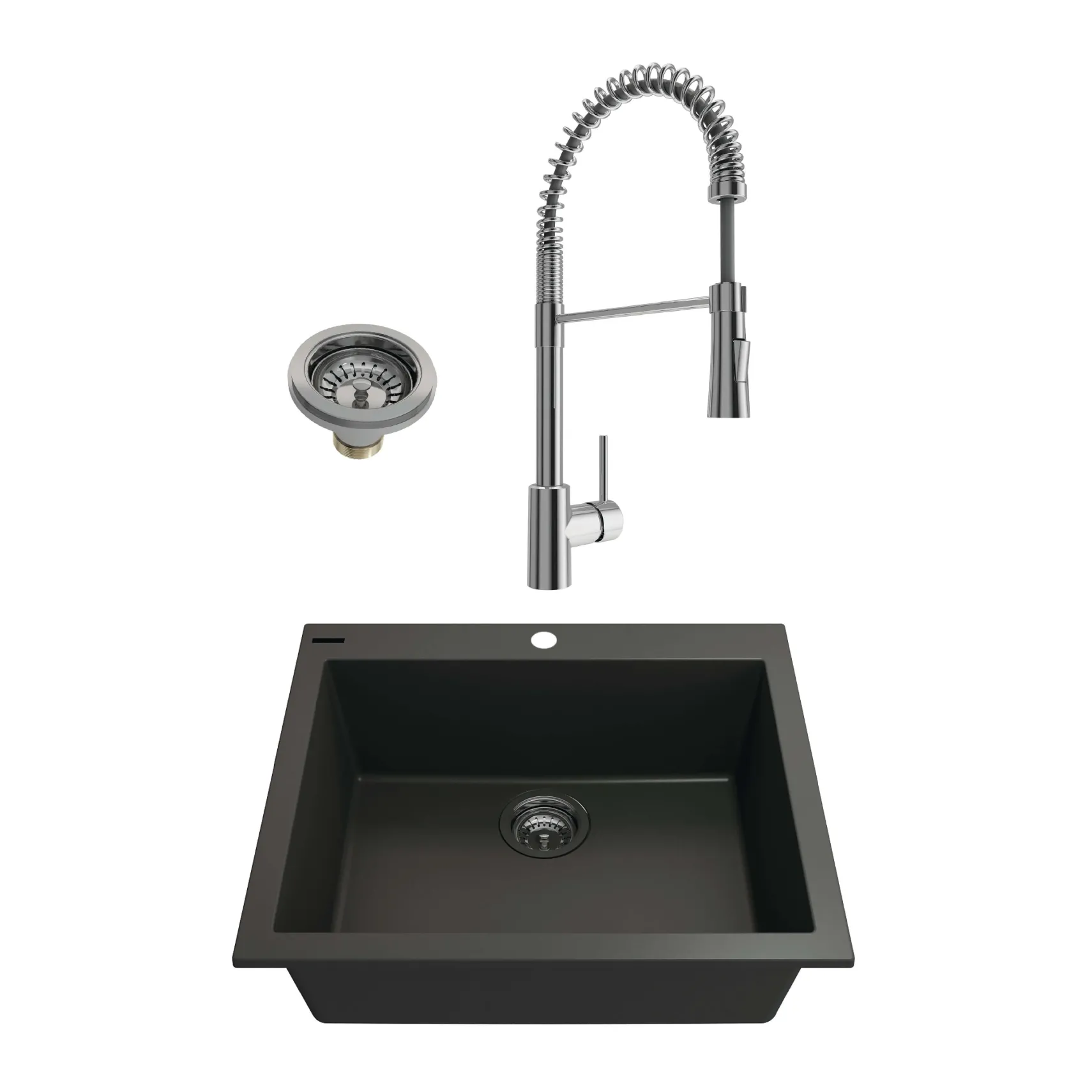 BOCCHI Campino Uno 24" Dual Mount Granite Kitchen Sink Kit with Faucet and Accessories, Matte Black (sink) / Chrome (faucet), 1606-504-2020CH