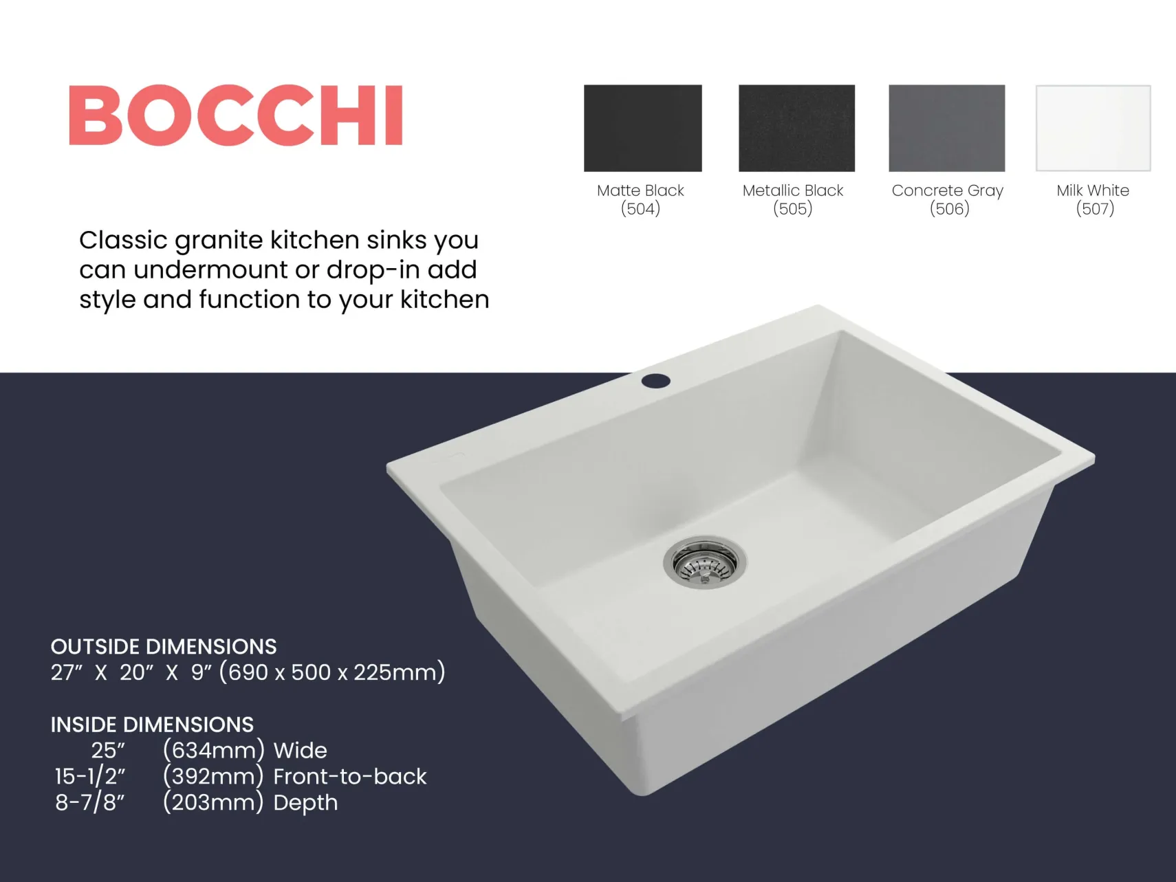 BOCCHI Campino Uno 27" Dual Mount Granite Kitchen Sink Kit, Milk White, 1634-507-0126
