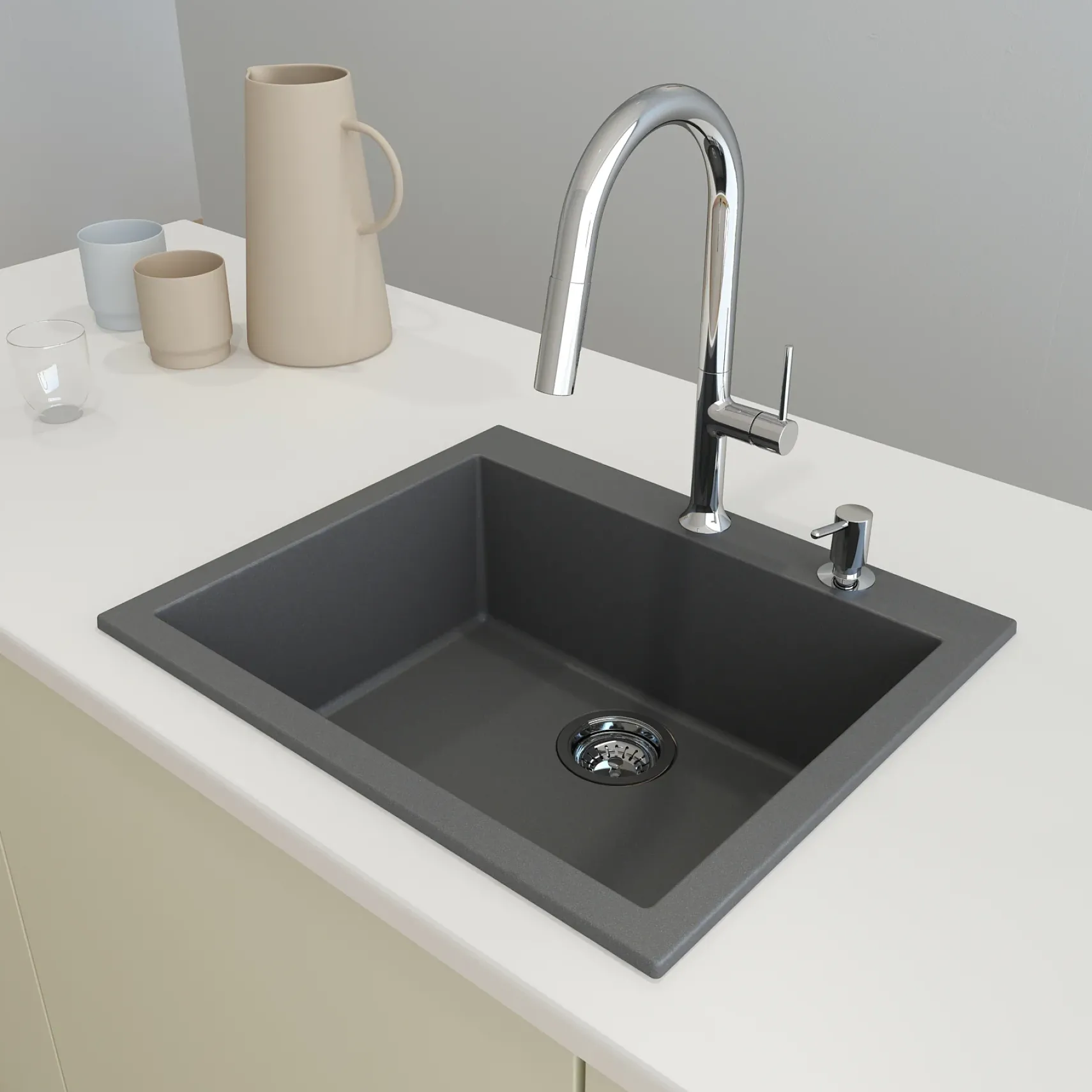 BOCCHI Campino Uno 24" Dual Mount Composite Granite Kitchen Sink, Concrete Gray, 1606-506-0126