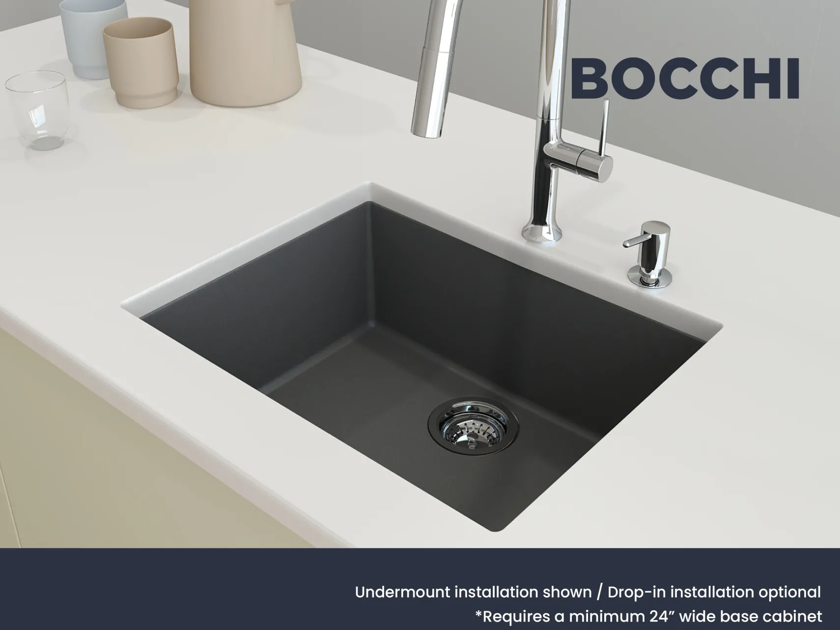 BOCCHI Campino Uno 24" Dual Mount Composite Granite Kitchen Sink, Concrete Gray, 1606-506-0126