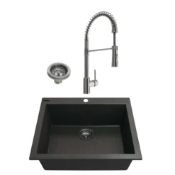 BOCCHI Campino Uno 24" Metallic Black Dual Mount Granite Kitchen Sink Kit with Stainless Steel Faucet and Accessories, 1606-505-2020SS