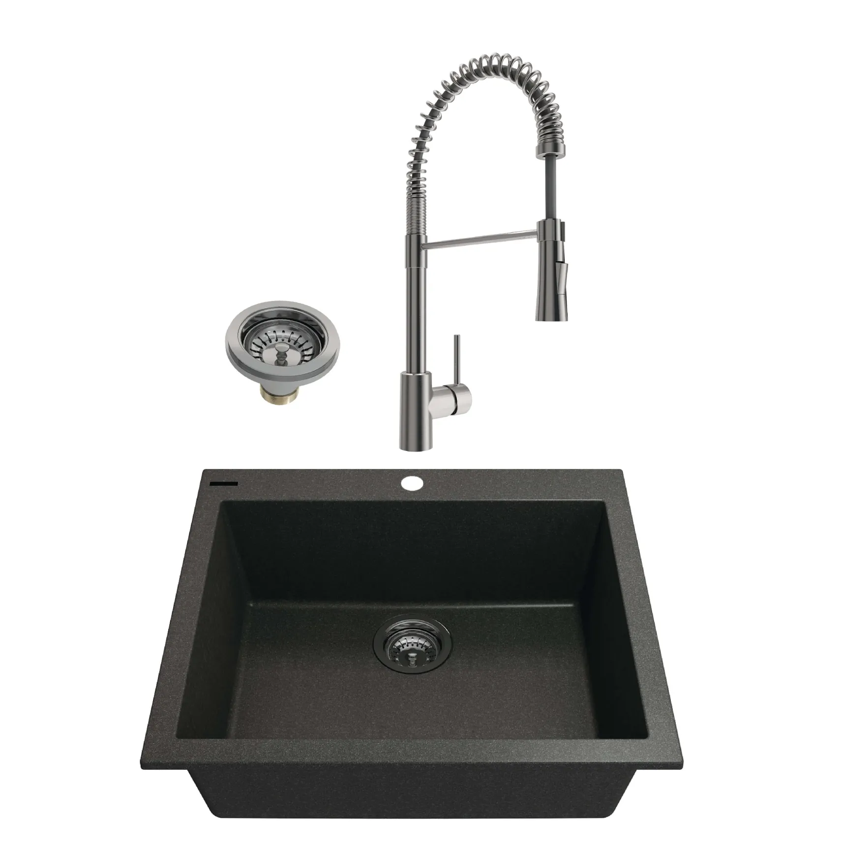 BOCCHI Campino Uno 24" Metallic Black Dual Mount Granite Kitchen Sink Kit with Stainless Steel Faucet and Accessories, 1606-505-2020SS