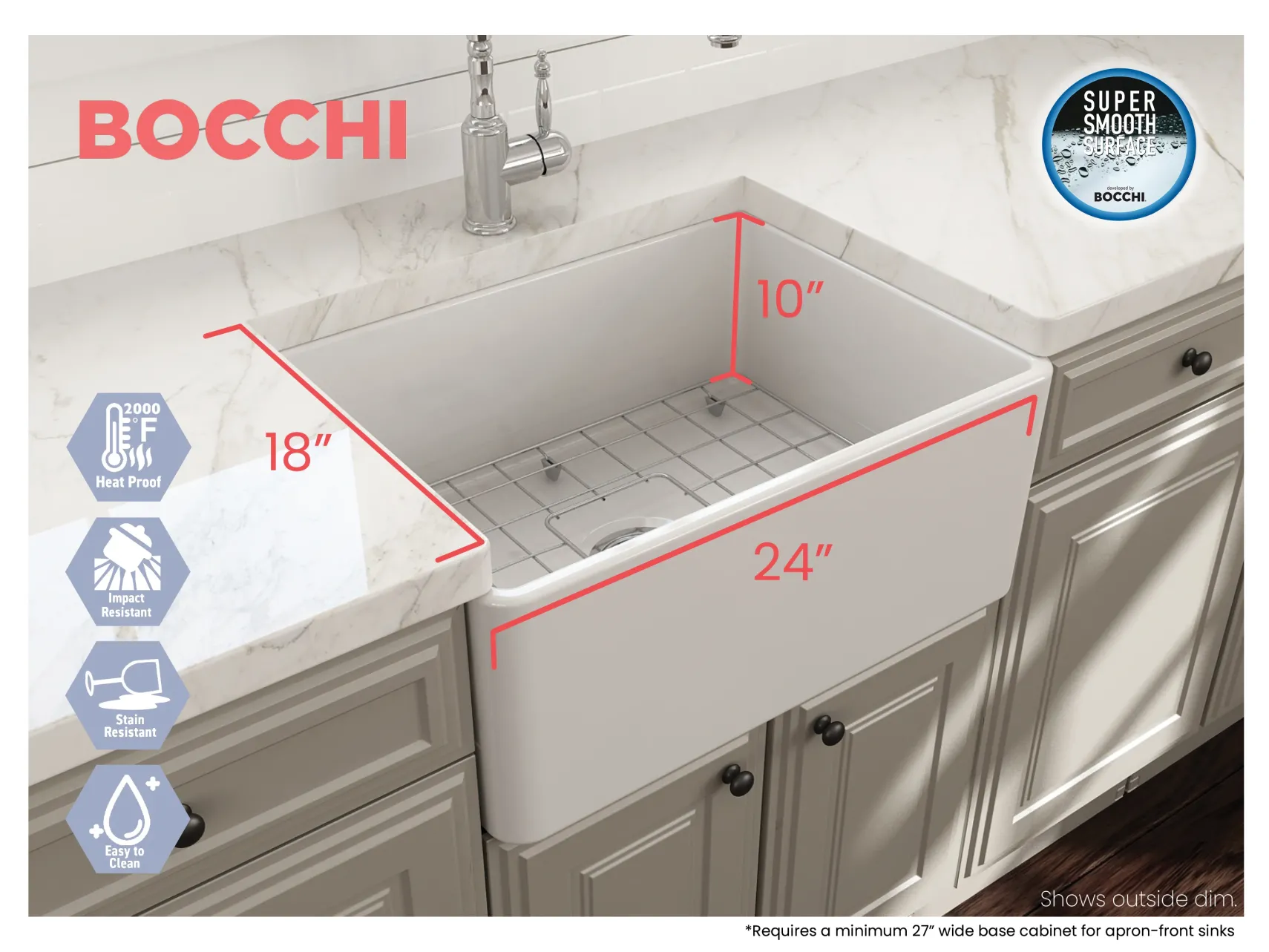BOCCHI Classico 24" Fireclay Farmhouse Apron Single Bowl Kitchen Sink, Matte White, 1137-002-0120
