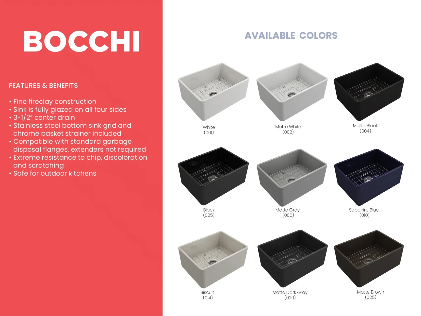 BOCCHI Classico 24" Fireclay Farmhouse Apron Single Bowl Kitchen Sink, Matte White, 1137-002-0120