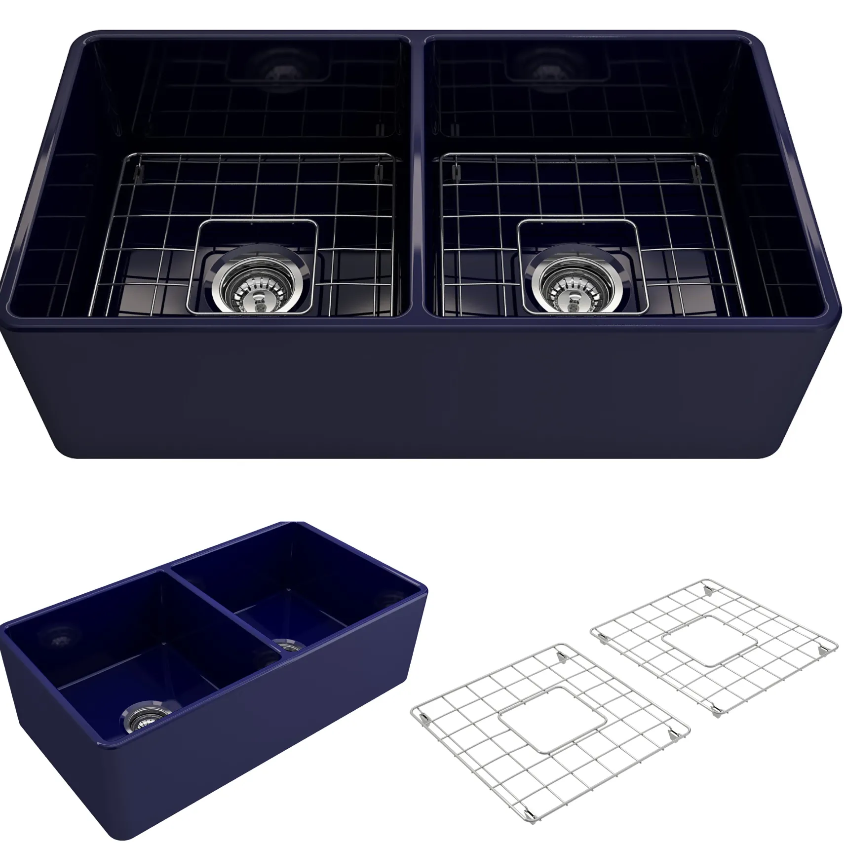 BOCCHI Classico 33" Fireclay Farmhouse Apron 50/50 Double Bowl Kitchen Sink, Sapphire Blue, 1139-010-0120