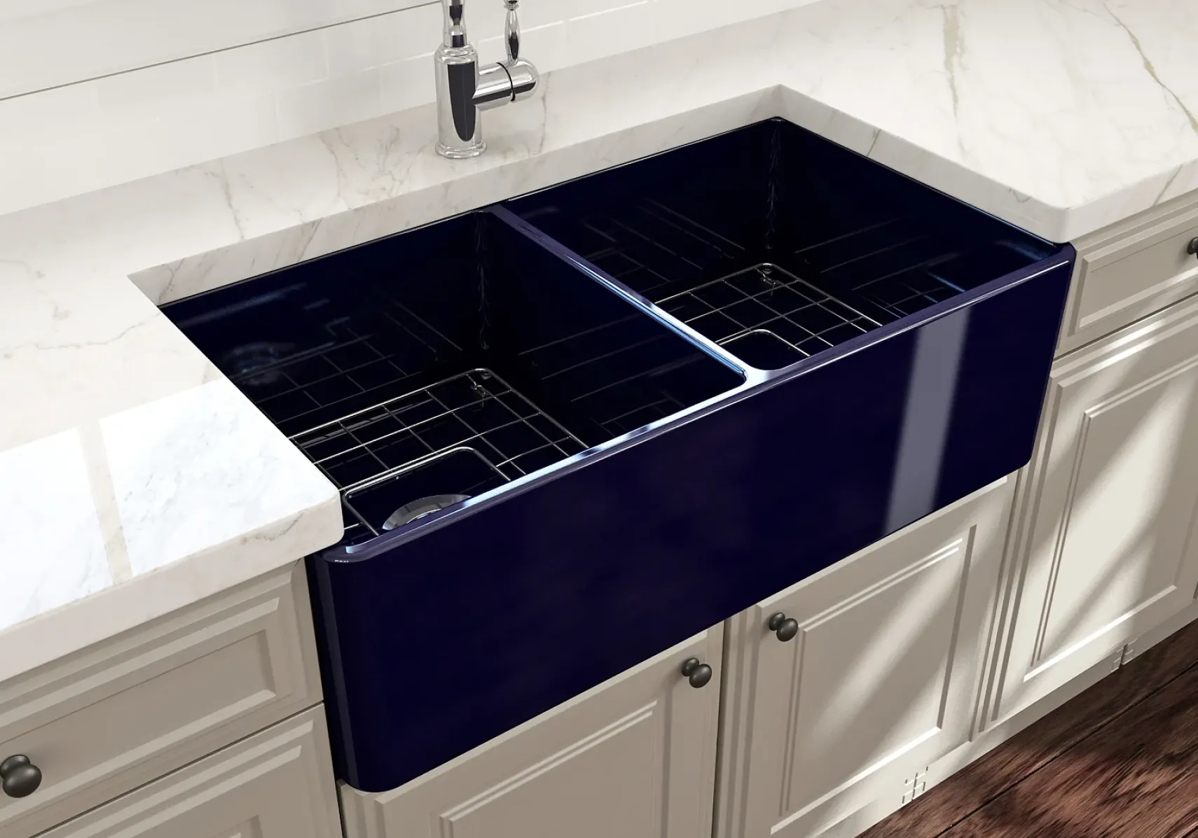 BOCCHI Classico 33" Fireclay Farmhouse Apron 50/50 Double Bowl Kitchen Sink, Sapphire Blue, 1139-010-0120