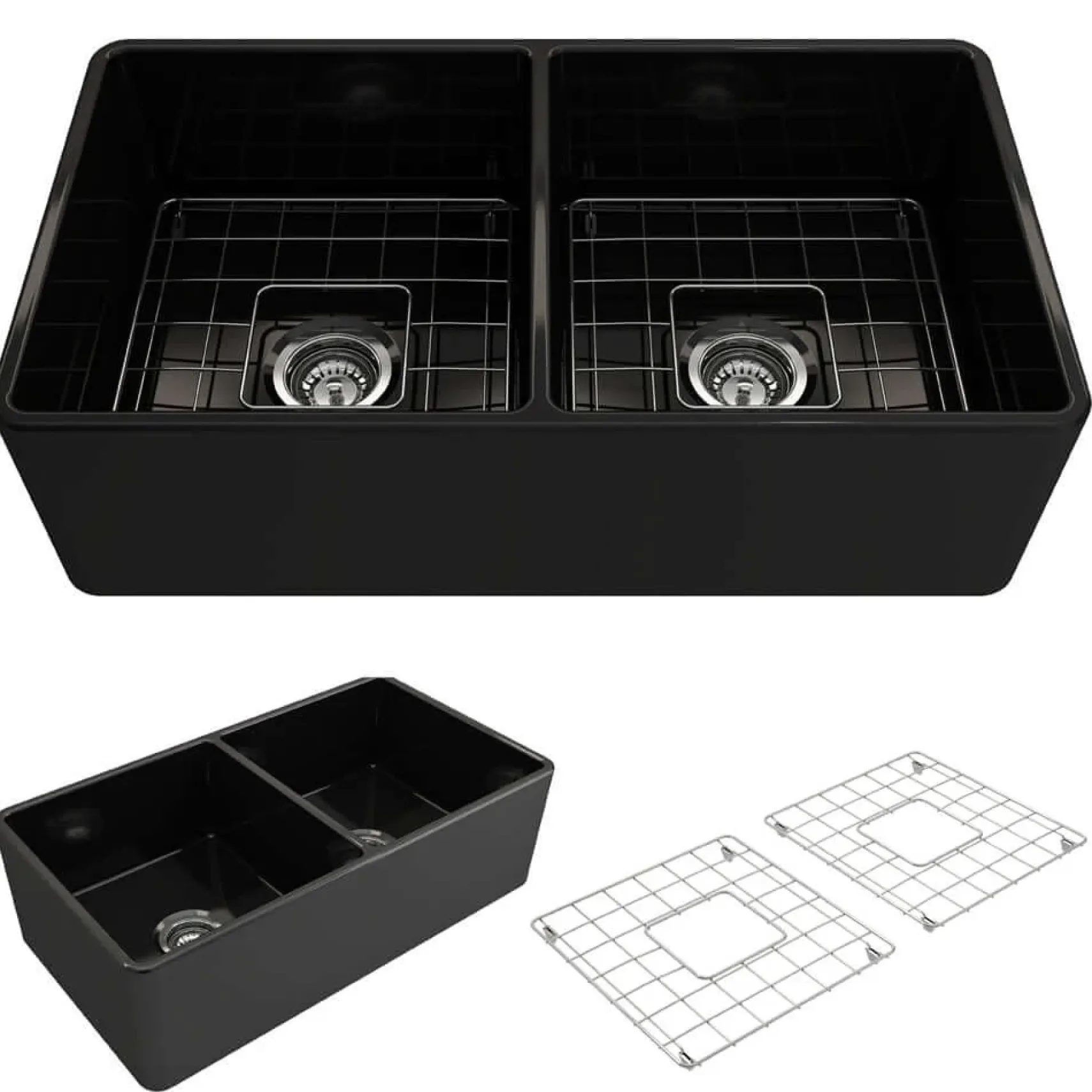 BOCCHI Classico 33" Fireclay Farmhouse Apron 50/50 Double Bowl Kitchen Sink, Black, 1139-005-0120