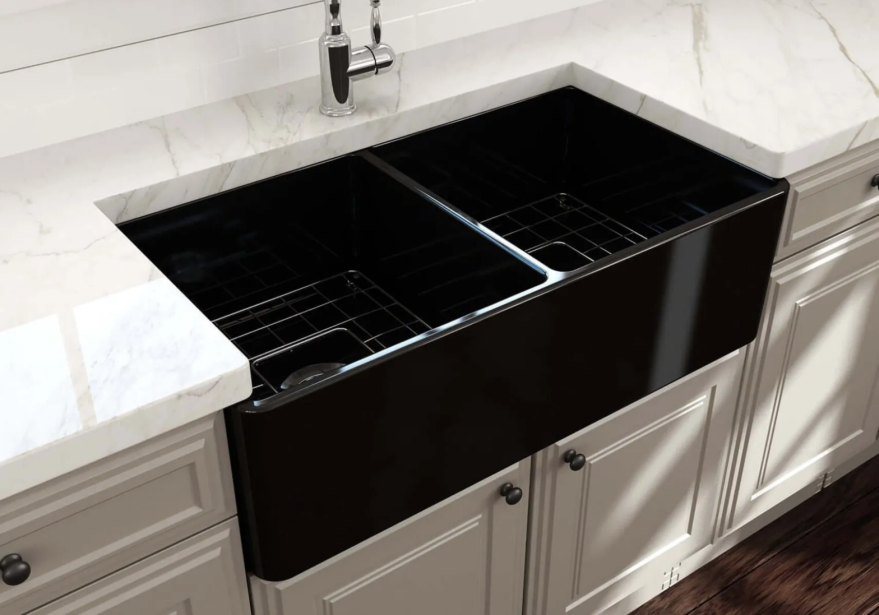 BOCCHI Classico 33" Fireclay Farmhouse Apron 50/50 Double Bowl Kitchen Sink, Black, 1139-005-0120