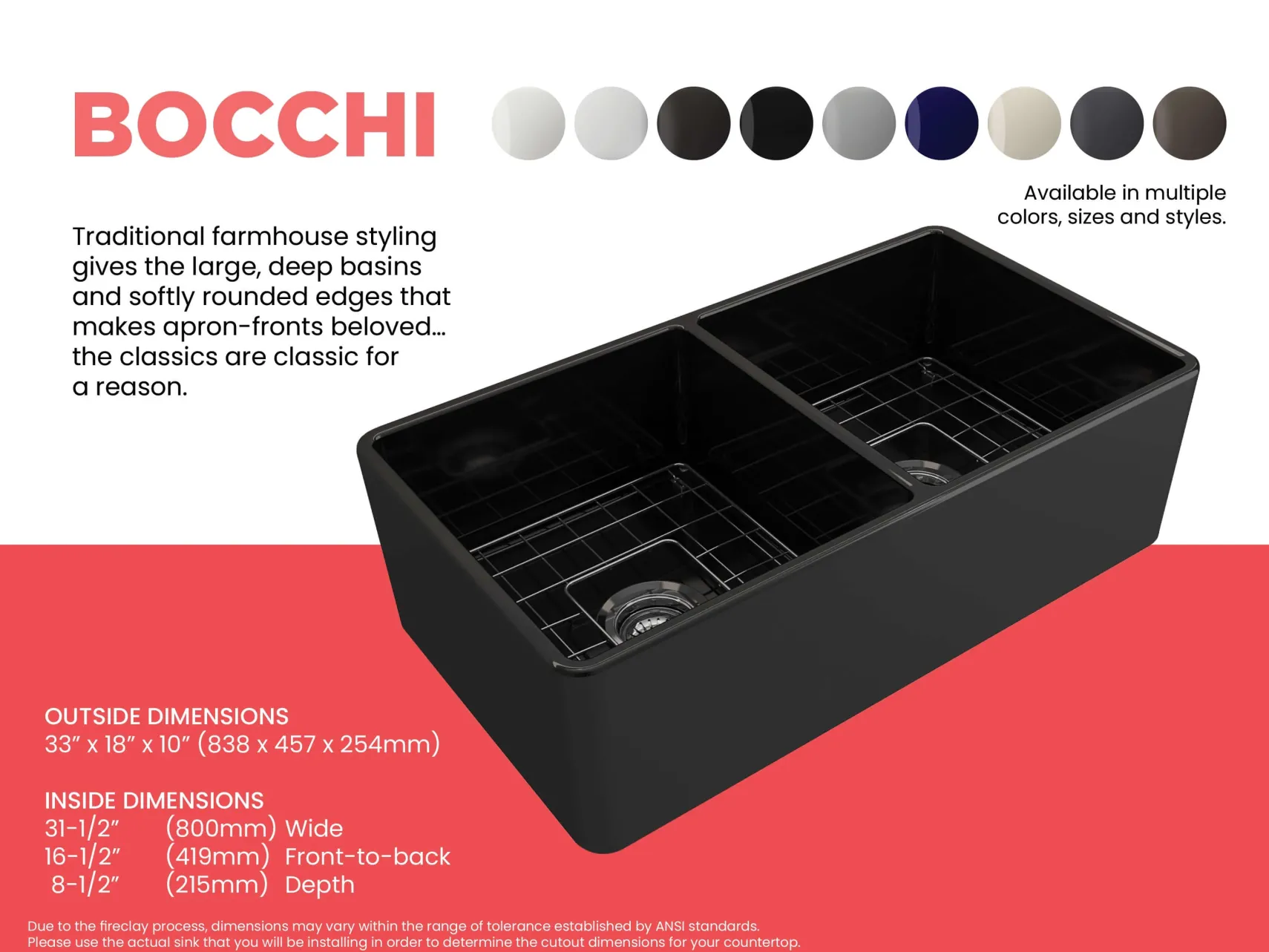 BOCCHI Classico 33" Fireclay Farmhouse Apron 50/50 Double Bowl Kitchen Sink, Black, 1139-005-0120
