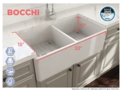 BOCCHI Classico 33" Fireclay Farmhouse Apron 50/50 Double Bowl Kitchen Sink, Matte White, 1139-002-0120