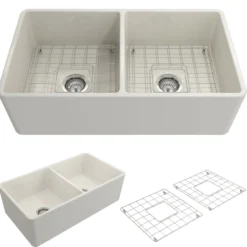 BOCCHI Classico 33" Fireclay Farmhouse Apron 50/50 Double Bowl Kitchen Sink, Biscuit, 1139-014-0120