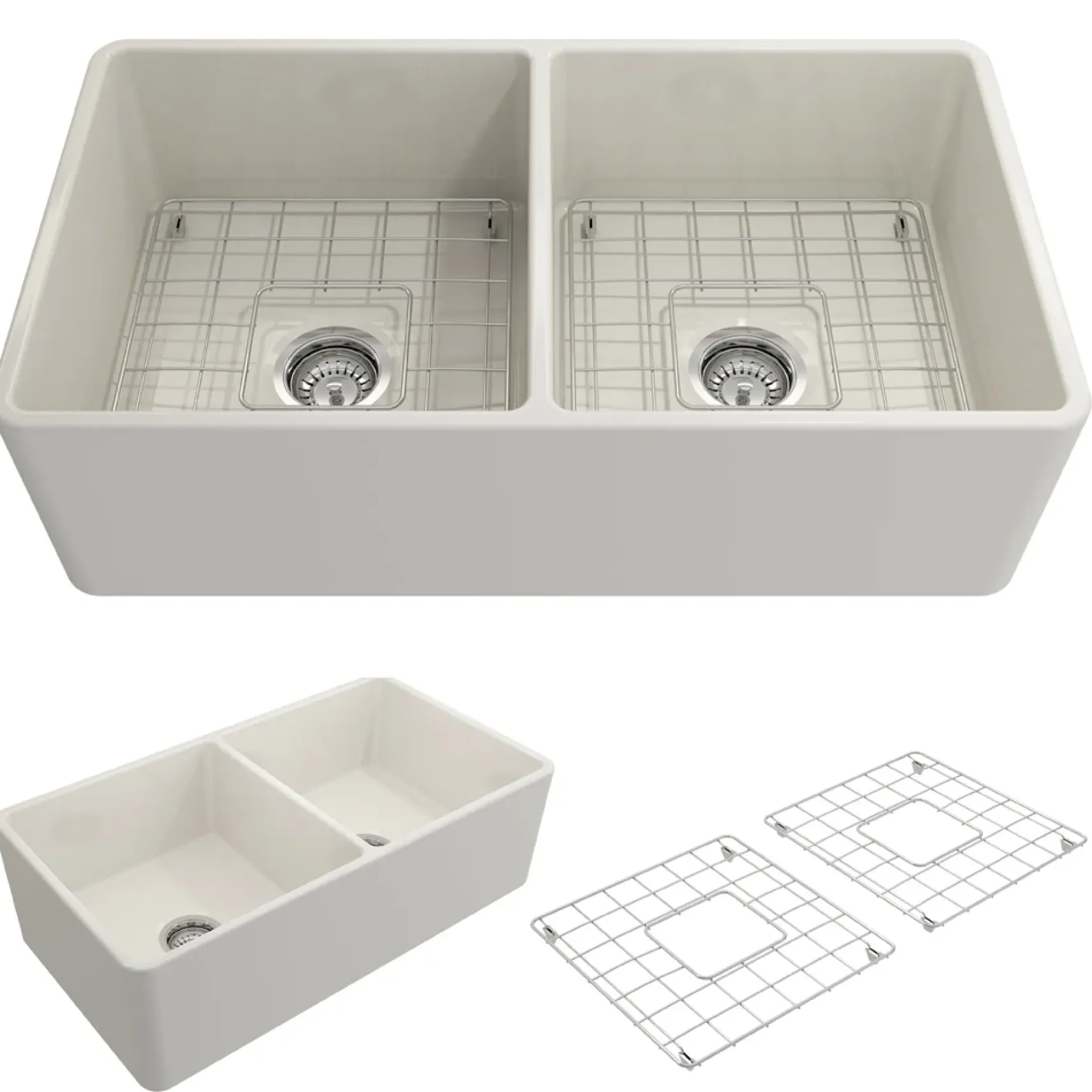 BOCCHI Classico 33" Fireclay Farmhouse Apron 50/50 Double Bowl Kitchen Sink, Biscuit, 1139-014-0120
