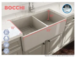 BOCCHI Classico 33" Fireclay Farmhouse Apron 50/50 Double Bowl Kitchen Sink, Biscuit, 1139-014-0120