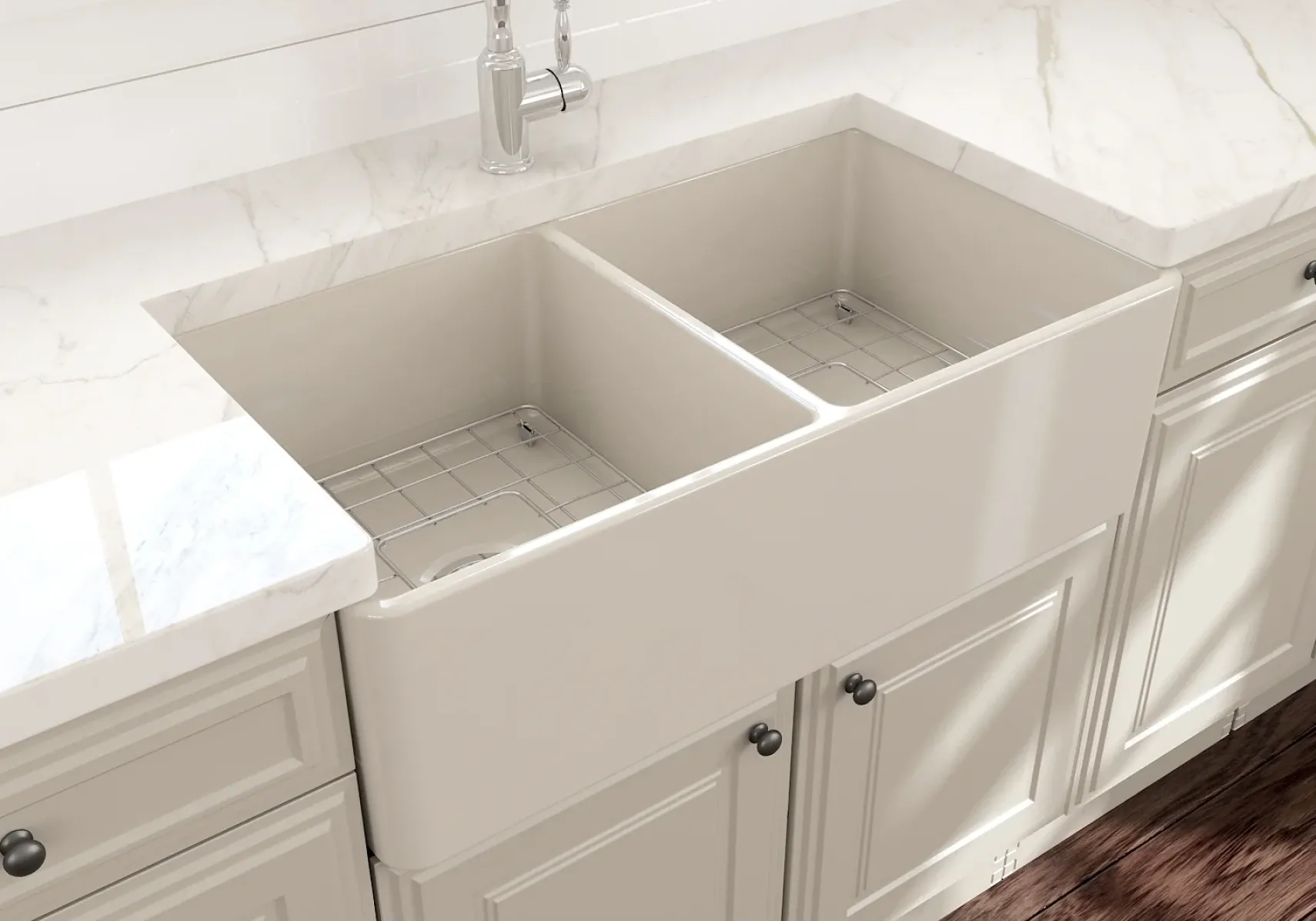 BOCCHI Classico 33" Fireclay Farmhouse Apron 50/50 Double Bowl Kitchen Sink, Biscuit, 1139-014-0120