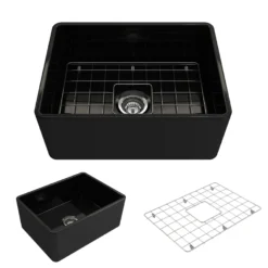 BOCCHI Classico 24" Fireclay Farmhouse Apron Single Bowl Kitchen Sink, Black, 1137-005-0120