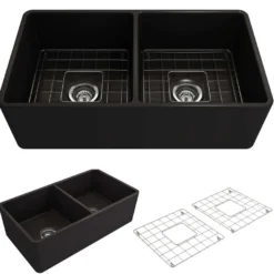 BOCCHI Classico 33" Fireclay Farmhouse Apron 50/50 Double Bowl Kitchen Sink, Matte Black, 1139-004-0120