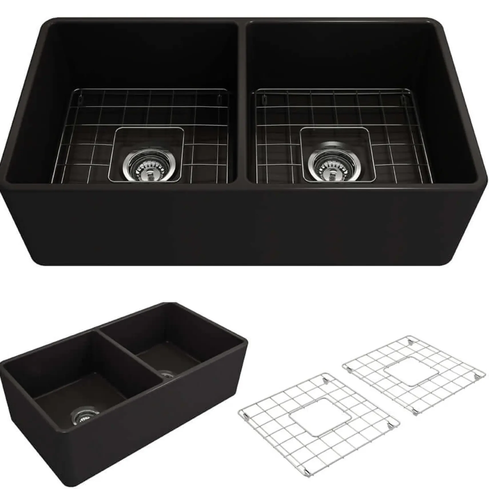 BOCCHI Classico 33" Fireclay Farmhouse Apron 50/50 Double Bowl Kitchen Sink, Matte Black, 1139-004-0120