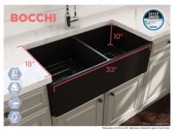 BOCCHI Classico 33" Fireclay Farmhouse Apron 50/50 Double Bowl Kitchen Sink, Matte Black, 1139-004-0120