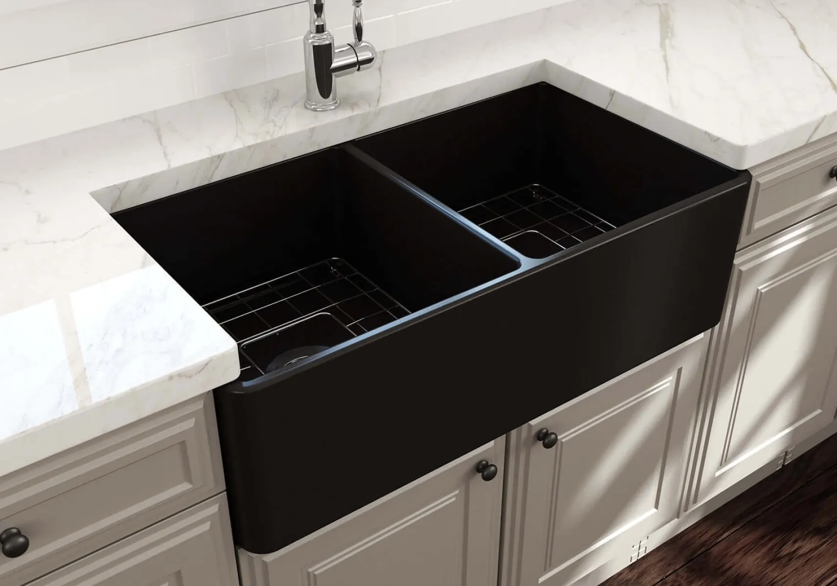 BOCCHI Classico 33" Fireclay Farmhouse Apron 50/50 Double Bowl Kitchen Sink, Matte Black, 1139-004-0120