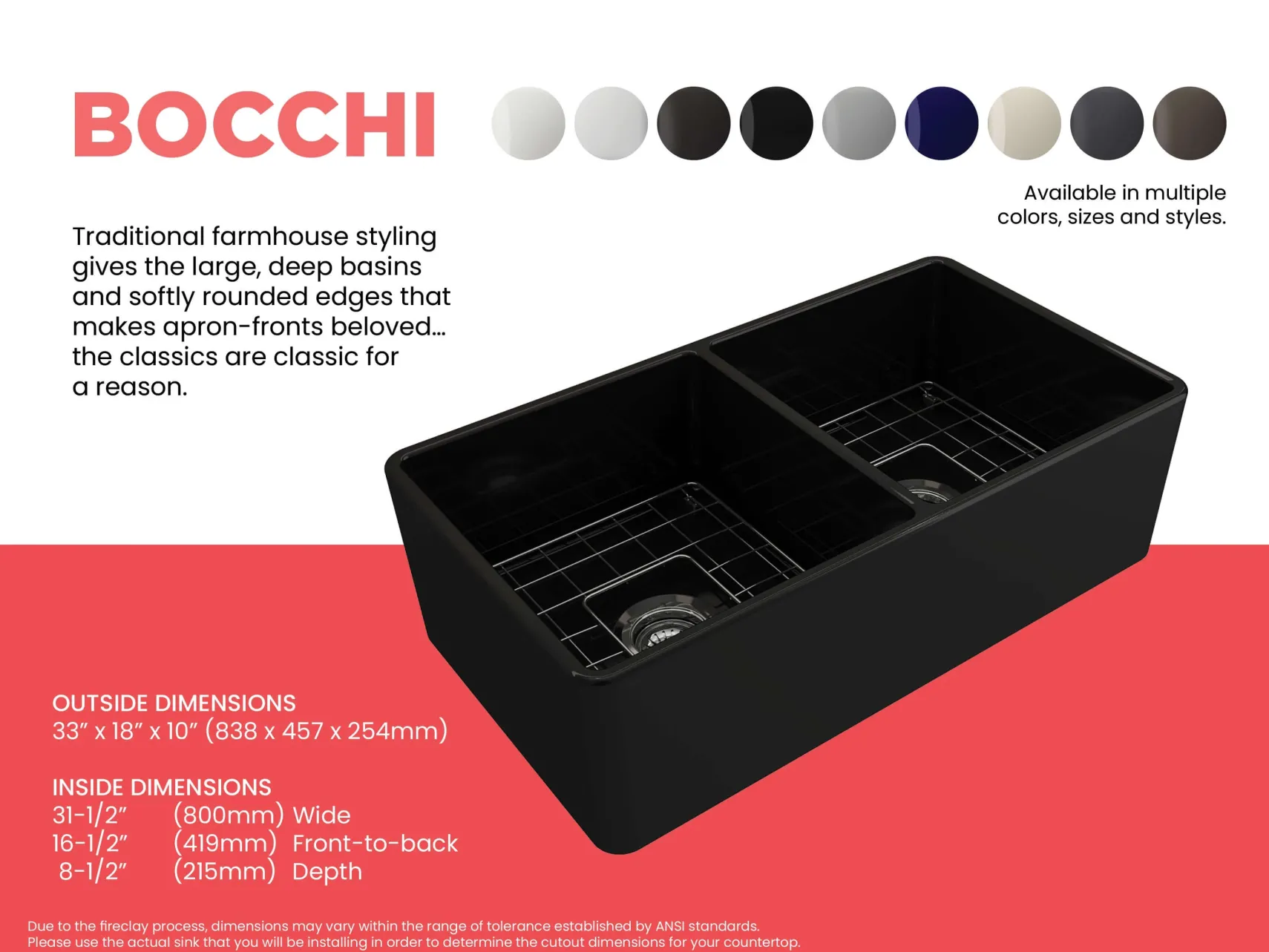 BOCCHI Classico 33" Fireclay Farmhouse Apron 50/50 Double Bowl Kitchen Sink, Matte Black, 1139-004-0120