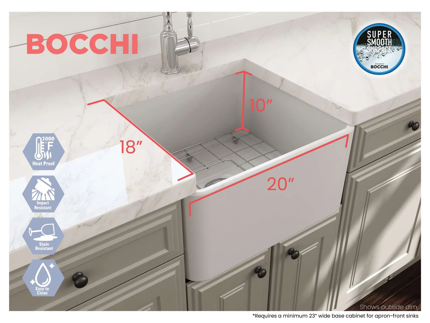 BOCCHI Classico 20" Fireclay Farmhouse Apron Single Bowl Kitchen Sink, Matte White, 1136-002-0120