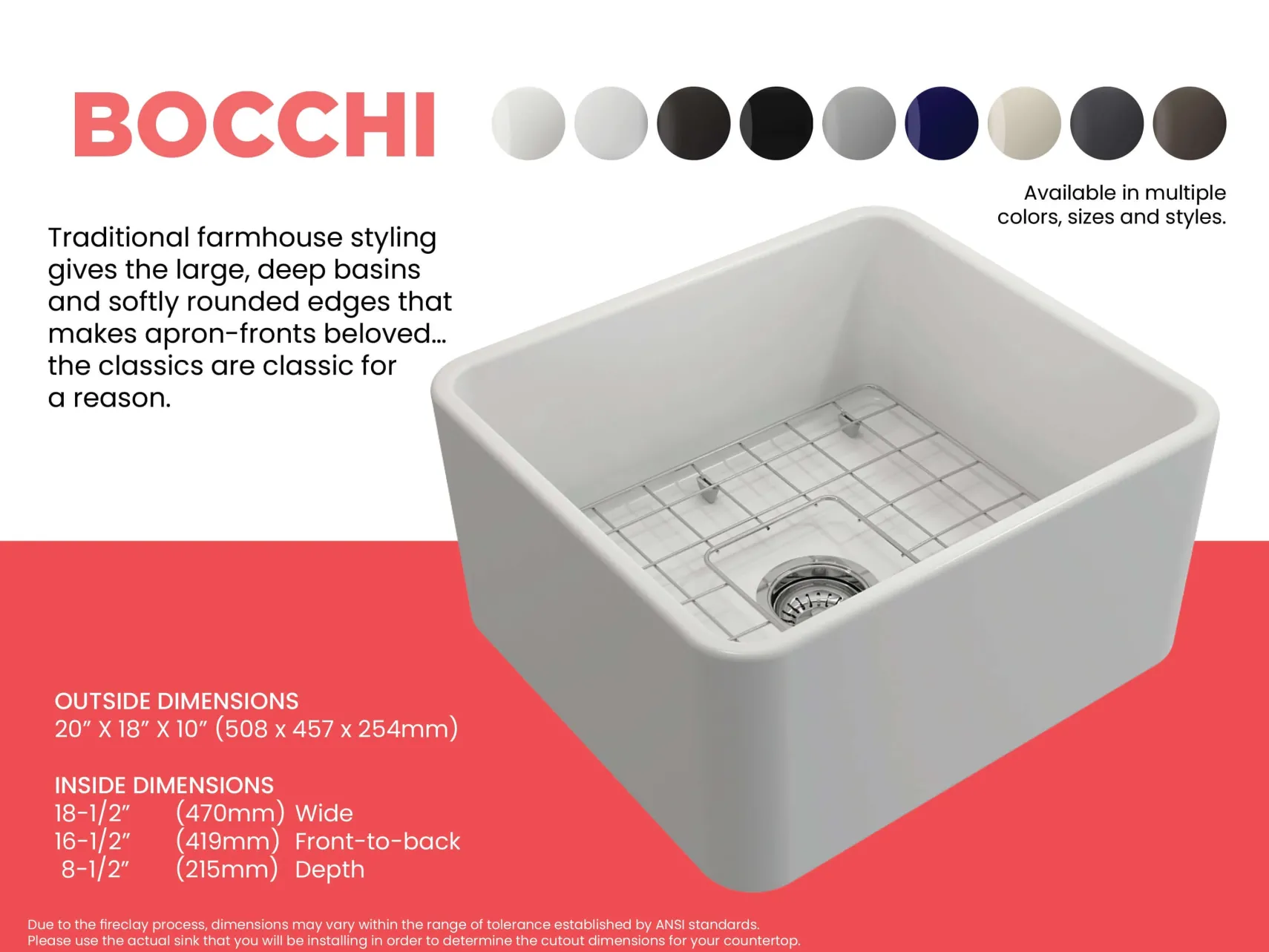 BOCCHI Classico 20" Fireclay Farmhouse Apron Single Bowl Kitchen Sink, Matte White, 1136-002-0120
