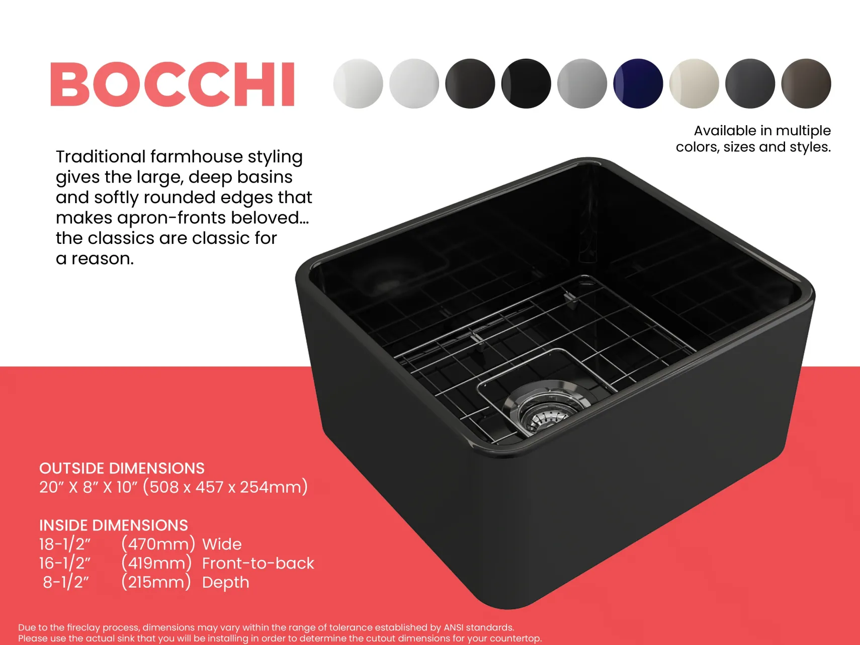 BOCCHI Classico 20" Fireclay Farmhouse Apron Single Bowl Kitchen Sink, Black, 1136-005-0120