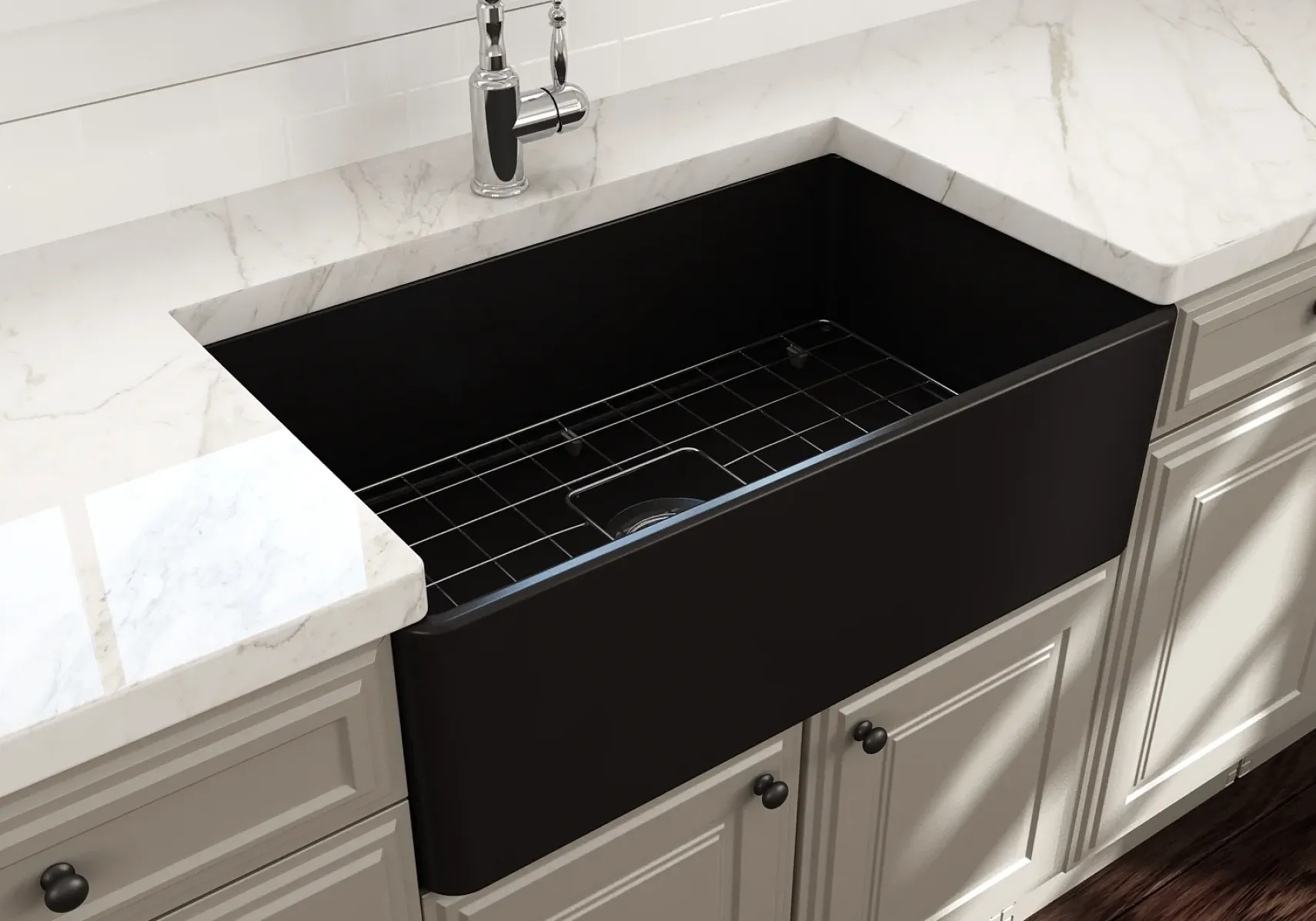 BOCCHI Classico 30" Fireclay Farmhouse Apron Single Bowl Kitchen Sink, Matte Black, 1138-004-0120