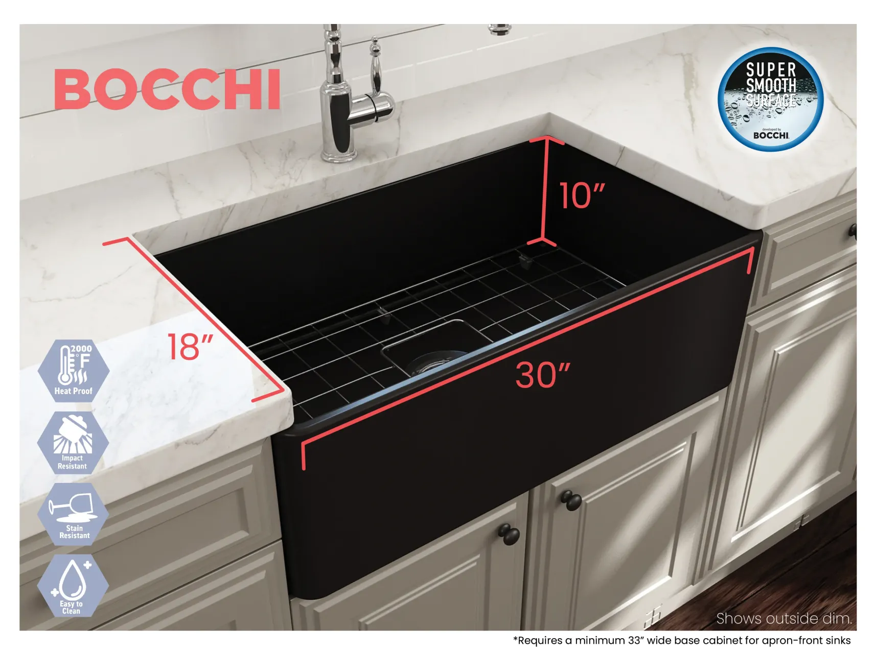BOCCHI Classico 30" Fireclay Farmhouse Apron Single Bowl Kitchen Sink, Matte Black, 1138-004-0120