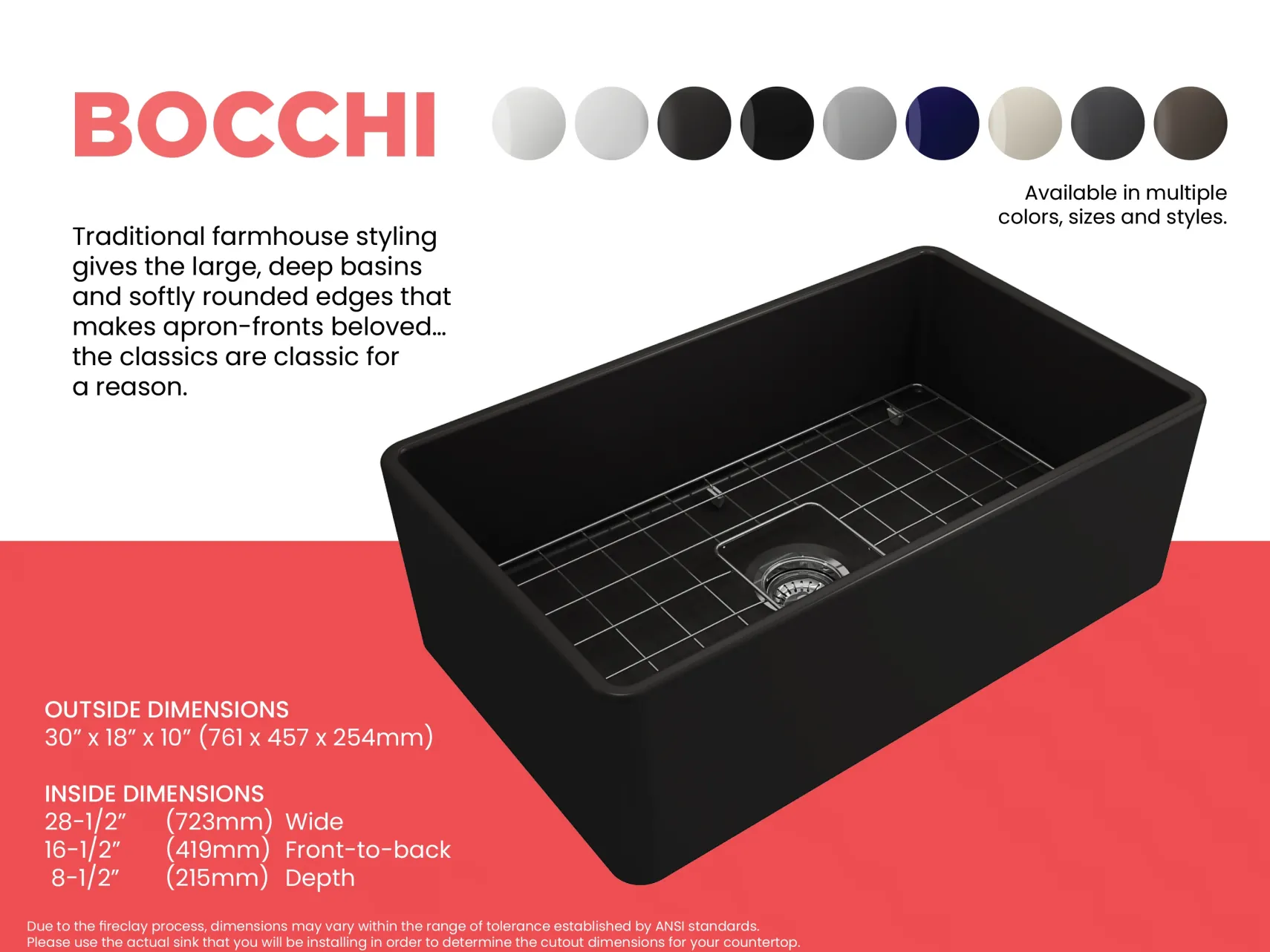 BOCCHI Classico 30" Fireclay Farmhouse Apron Single Bowl Kitchen Sink, Matte Black, 1138-004-0120