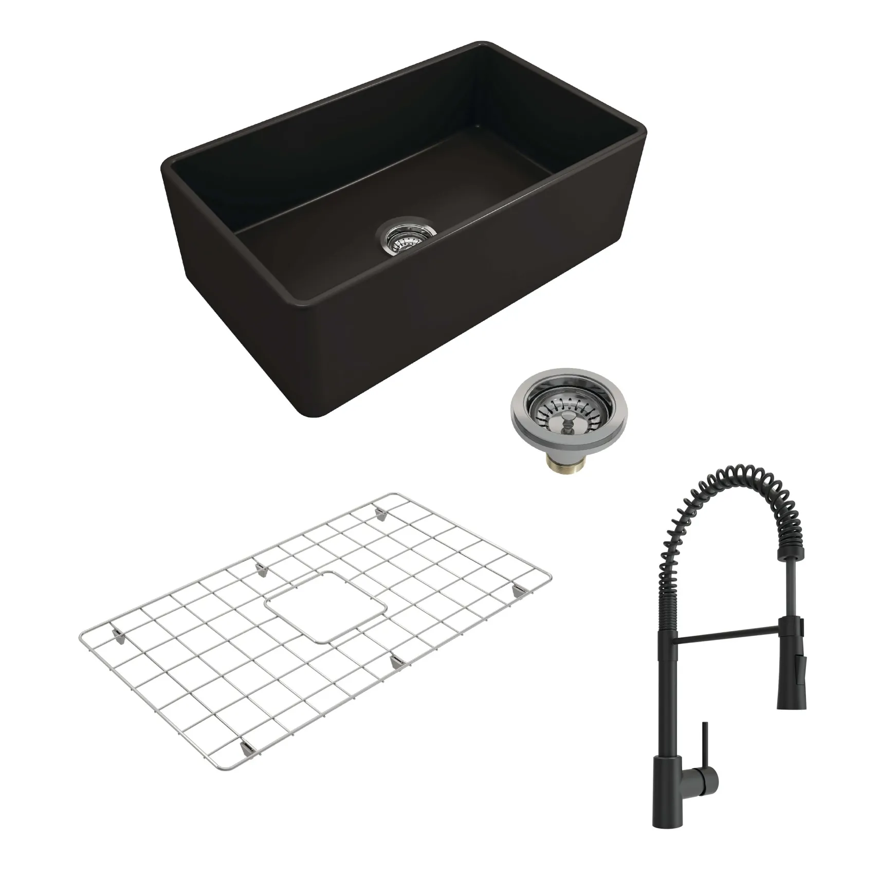 BOCCHI Classico 30" Fireclay Farmhouse Sink Kit with Faucet and Accessories, Matte Black (sink) / Matte Black (faucet), 1138-004-2020MB