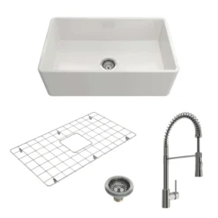 BOCCHI Classico 30" Fireclay Farmhouse Sink Kit with Faucet and Accessories, White (sink) / Stainless Steel (faucet), 1138-001-2020SS