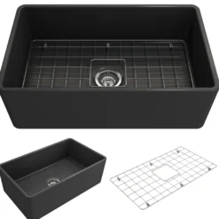 BOCCHI Classico 30" Fireclay Farmhouse Apron Single Bowl Kitchen Sink, Matte Dark Gray, 1138-020-0120