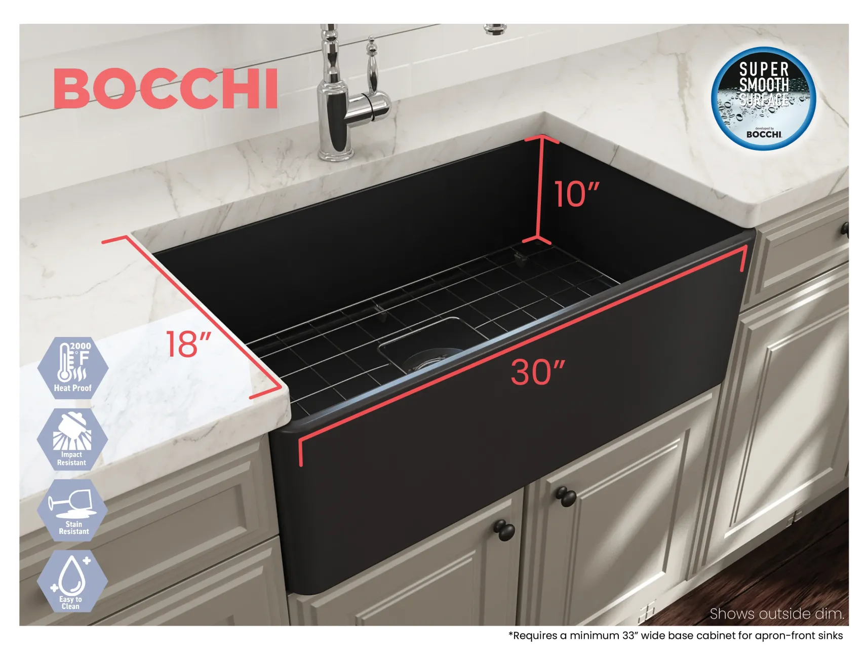 BOCCHI Classico 30" Fireclay Farmhouse Apron Single Bowl Kitchen Sink, Matte Dark Gray, 1138-020-0120