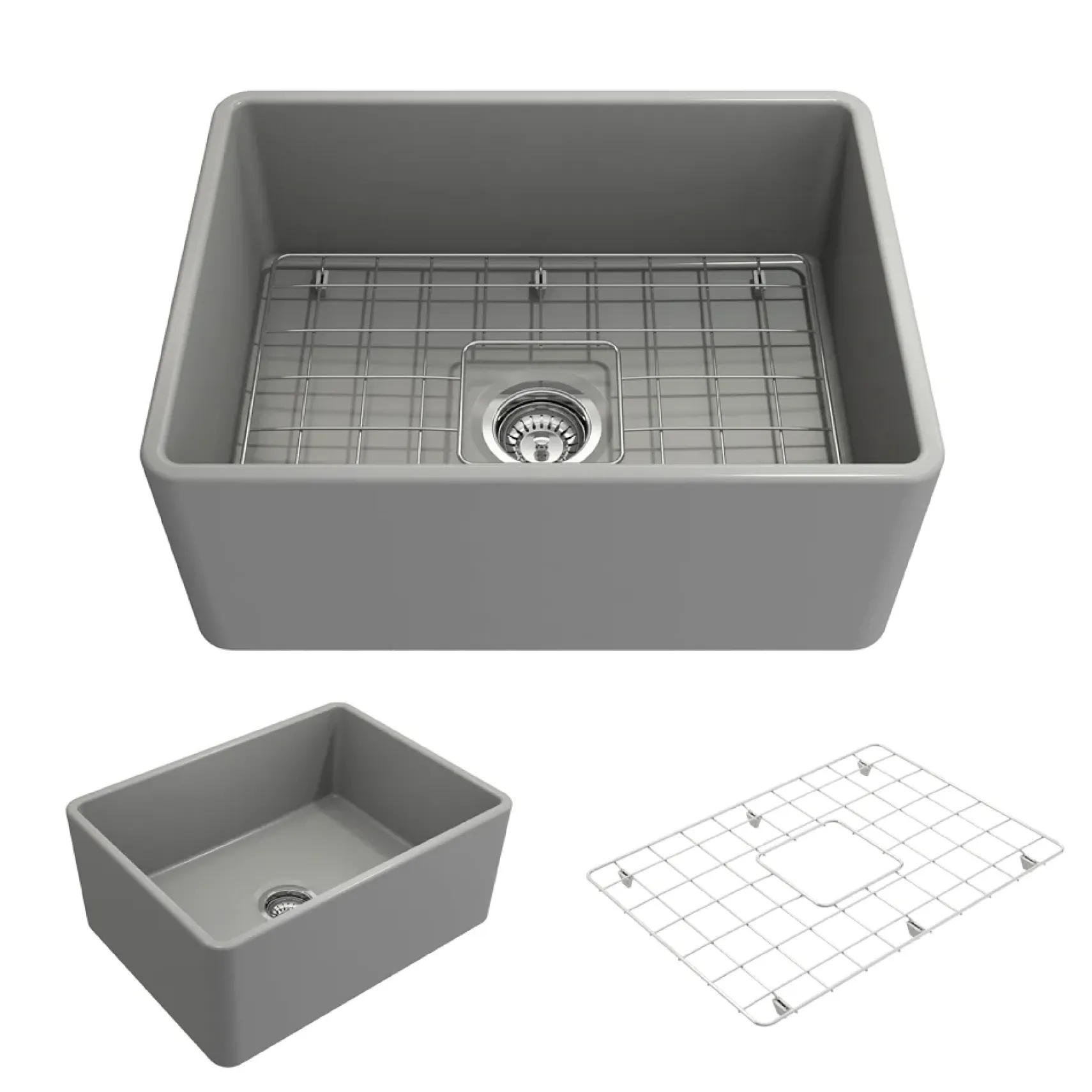 BOCCHI Classico 24" Fireclay Farmhouse Apron Single Bowl Kitchen Sink, Matte Gray, 1137-006-0120